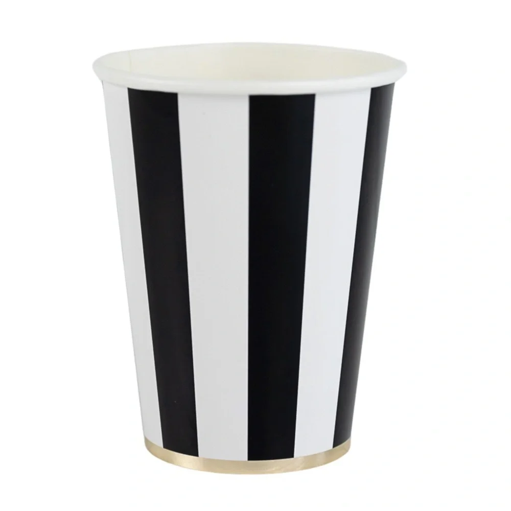 Black & White Stripe Party Cups with Gold Rim - Home Party Supplies